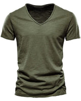 Sebastian | Herren Kurzarm V-Ausschnitt Slim-Fit T-Shirt knitterfrei in Armeegrün