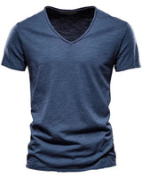 Sebastian | Herren Kurzarm V-Ausschnitt Slim-Fit T-Shirt knitterfrei in Dunkelblau