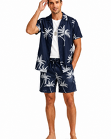 Herren Kurzarmhemd- und Shorts-Set mit Palmenmuster in Marineblau