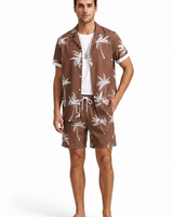 Herren Kurzarmhemd- und Shorts-Set mit Palmenmuster in Braun