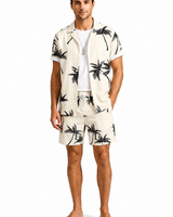 Herren Kurzarmhemd- und Shorts-Set mit Palmenmuster in Beige