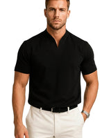 Herren-Kurzarmshirt mit Split-Kragen und Rippbündchen in Schwarz