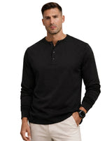 Herren-Langarm-Henley-Shirt mit Knopfleiste und Rippbündchen in Schwarz