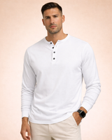 Herren-Langarm-Henley-Shirt mit Knopfleiste und Rippbündchen in Weiß