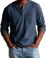 Herren Langarm-Henleyshirt mit Knopfleiste und Brusttasche in Marineblau