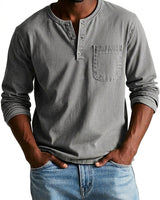 Herren Langarm-Henleyshirt mit Knopfleiste und Brusttasche in Grau