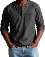 Herren Langarm-Henleyshirt mit Knopfleiste und Brusttasche in Schwarz
