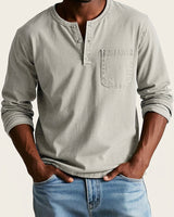 Herren Langarm-Henleyshirt mit Knopfleiste und Brusttasche in Hellgrau