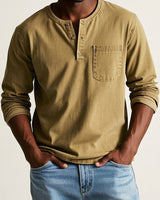 Herren Langarm-Henleyshirt mit Knopfleiste und Brusttasche in Gelb