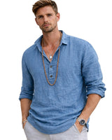 Herren-Langarmhemd mit Henley-Ausschnitt und Knopfleiste in Blau