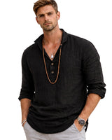 Herren-Langarmhemd mit Henley-Ausschnitt und Knopfleiste in Schwarz