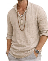 Herren-Langarmhemd mit Henley-Ausschnitt und Knopfleiste in Beige