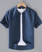 Herren-Leinenhemd mit Kurzarm und Stehkragen in Marineblau
