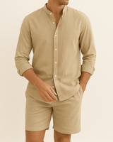 Herren Leinenlook Set Hemd Shorts in Khaki