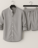 Herren Leinenlook Set Hemd Shorts in Grau