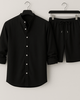 Herren Leinenlook Set Hemd Shorts in Schwarz