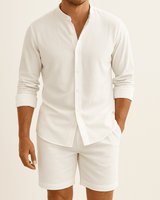 Herren Leinenlook Set Hemd Shorts in Weiß