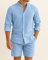 Herren Leinenlook Set Hemd Shorts in Blau