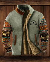 Maximilian | Herren Mens Cardigan Fleece Reißverschluss Western Azteken Strickjacke in Grau mit Aufdruck