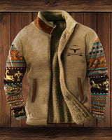 Maximilian | Herren Mens Cardigan Fleece Reißverschluss Western Azteken Strickjacke in Braun mit Aufdruck