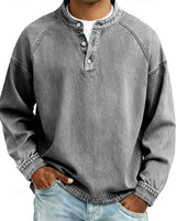 Florian | Herren Mens Knit Sweater Retro Henley Langarm Pullover Used-Look in Grau