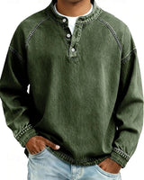Florian | Herren Mens Knit Sweater Retro Henley Langarm Pullover Used-Look in Dunkelgrün