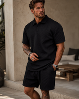 Herren Poloshirt und Shorts Set mit Diagonalem Strukturmuster in Schwarz
