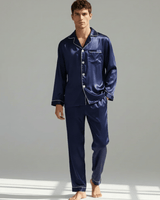 Herren Schlafanzug Set lang mit Hemd und Hose in Marineblau