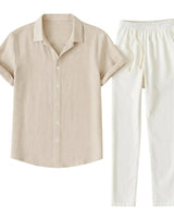 Herren-Set aus Kurzarmhemd mit Reverskragen und Hose mit Kordelzug in Khaki