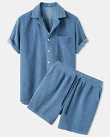 Herren Set aus Kurzarmhemd mit Reverskragen und Shorts mit Kordelzug in Blau