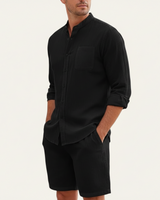 Herren Set mit Hemd mit Stehkragen und Shorts mit Kordelbund in Schwarz