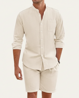 Herren Set mit Hemd mit Stehkragen und Shorts mit Kordelbund in Beige