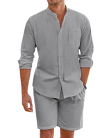 Herren Set mit Hemd mit Stehkragen und Shorts mit Kordelbund in Grau