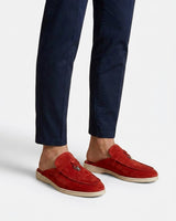 Herren-Slipper mit offener Ferse, Velours-Oberfläche und Metallverzierung in Rot