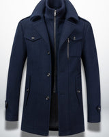 Julian | Herren Smart-Casual Wollmantel mit Knopfverschluss und Stehkragen-Innenjacke in Dunkelblau