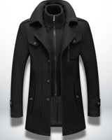Julian | Herren Smart-Casual Wollmantel mit Knopfverschluss und Stehkragen-Innenjacke in Schwarz