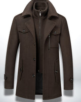 Julian | Herren Smart-Casual Wollmantel mit Knopfverschluss und Stehkragen-Innenjacke in Braun