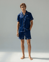 Herren Sommer Schlafanzug mit Hemd und Shorts in Blau