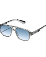 Herren Sonnenbrille mit transparenter eckiger Fassung und gerippten Bügeln in Graublau