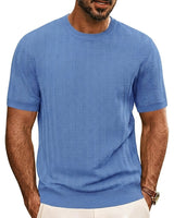 Herren Strick-T-Shirt mit Chevron-Struktur und Rundhalsausschnitt in Blau