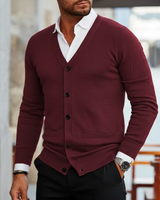 Herren Strickjacke mit Knopfleiste, V-Ausschnitt und Rippbündchen in Dunkelrot