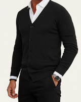 Herren Strickjacke mit Knopfleiste, V-Ausschnitt und Rippbündchen in Schwarz