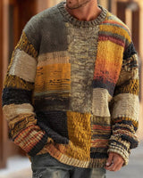Lukas | Herren Strickpullover Patchwork Rundhals Langarm Grobstrick in Abstrakt