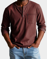 Elias | Herren Vintage Langarm Henley-Shirt mit Brusttasche in Rot