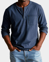 Elias | Herren Vintage Langarm Henley-Shirt mit Brusttasche in Marineblau
