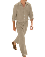 Herren Zweiteiler mit Langarmhemd und Hose mit strukturierter Oberfläche in Khaki