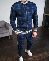 Herren Zweiteiler Set mit Stehkragenjacke und karierten Hosen in Blau