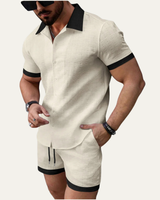 Herren zweiteiliges Set mit Kurzarmhemd mit Knopfleiste und Shorts mit elastischem Bund und Kordelzug in Hellgelb