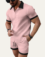 Herren zweiteiliges Set mit Kurzarmhemd mit Knopfleiste und Shorts mit elastischem Bund und Kordelzug in Hellrosa