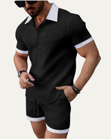 Herren zweiteiliges Set mit Kurzarmhemd mit Knopfleiste und Shorts mit elastischem Bund und Kordelzug in Schwarz